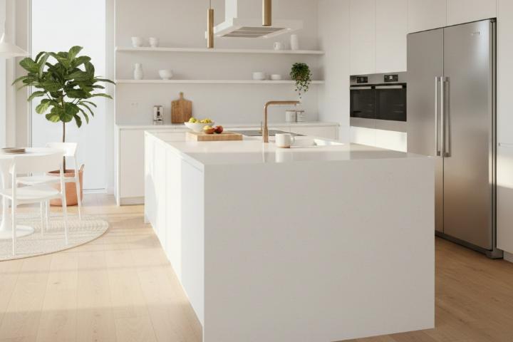 White quartz slab kitchen island with easy-to-maintain surface