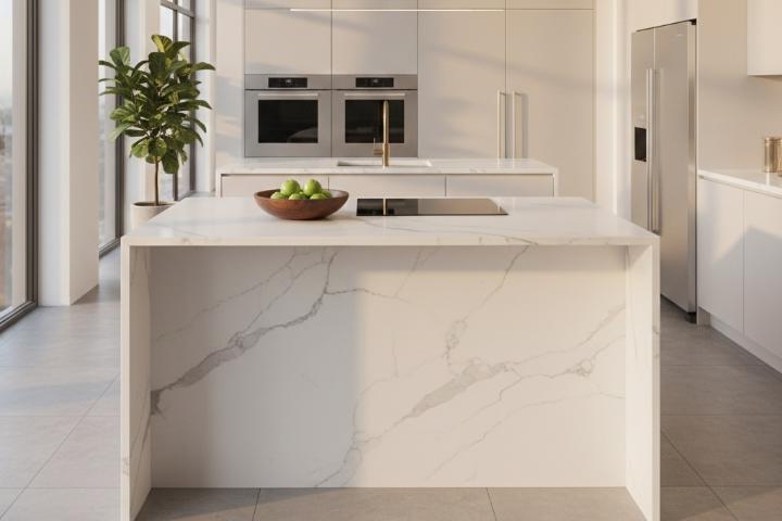 Modern kitchen countertop made from engineered quartz in white marble pattern