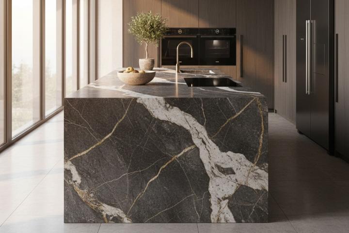 Luxury kitchen island featuring natural granite stone slab with unique veining