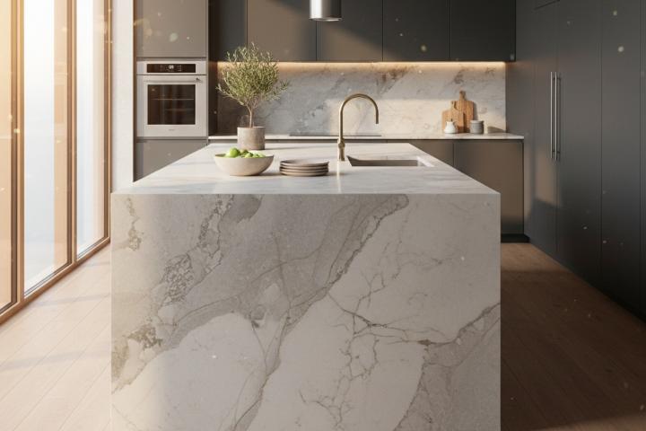 Quartzite slab countertop in modern kitchen