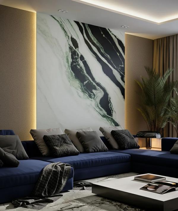 Natural stone slab for an accent wall behind a blue sectional sofa.