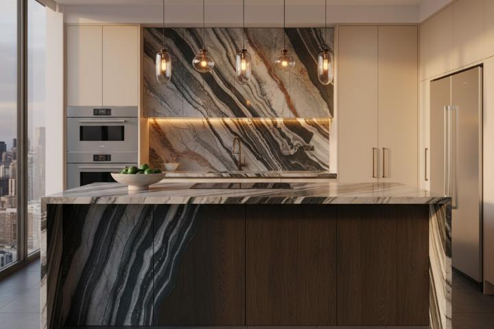 Dramatic quartzite natural stone slab with bold veining for modern kitchen island_edited