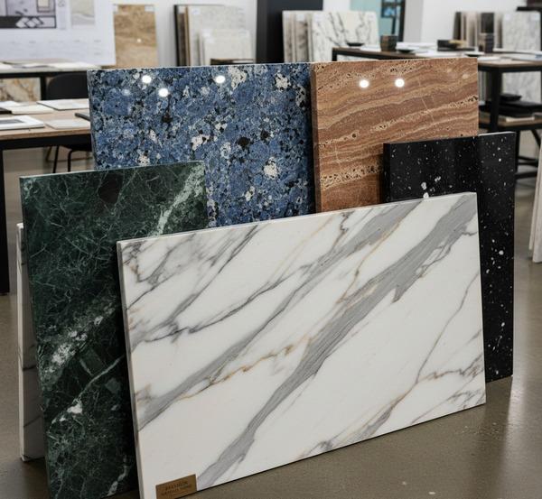 Various types of natural stone slabs displayed in a showroom.