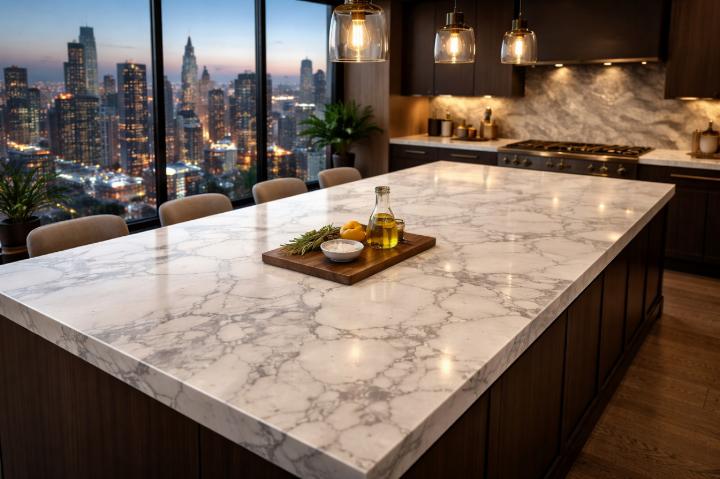 White marble countertop island in modern kitchen with city views