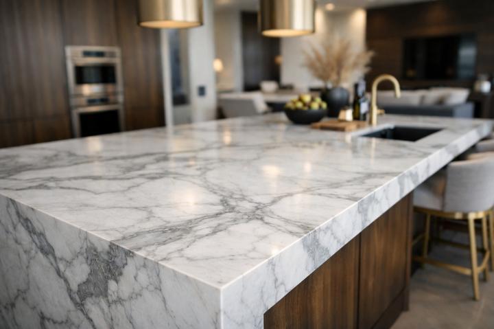 Marble slab in modern kitchen countertop