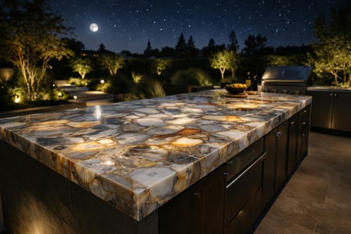 Natural stone slab outdoor kitchen countertop at night