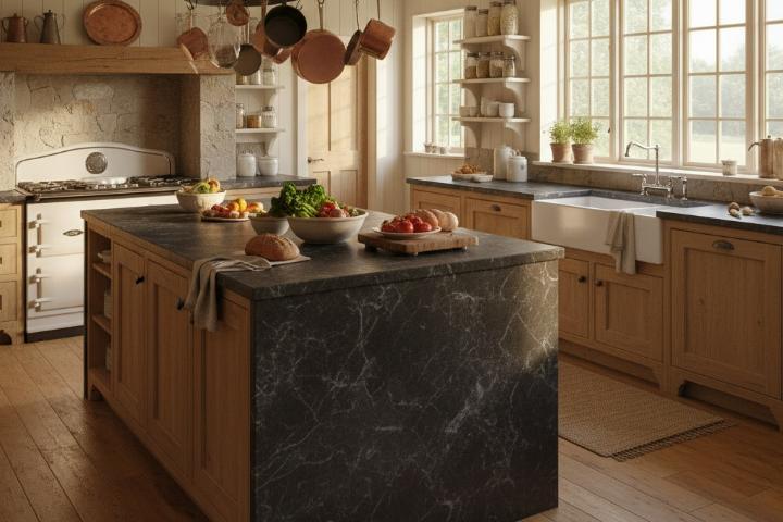 Black marble stone slab kitchen island countertop