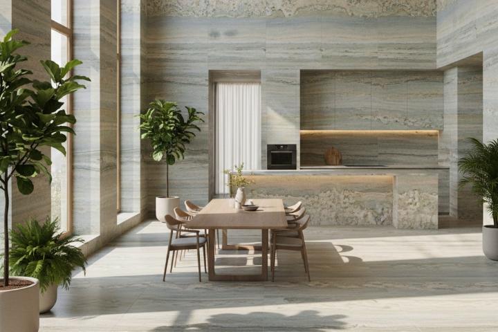 Modern minimalist kitchen and dining area featuring a light grey porcelain slab.