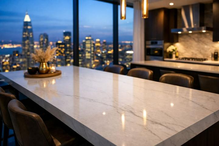 White engineered stone countertop in modern luxury kitchen
