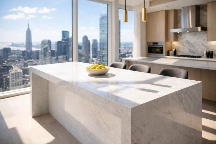 White engineered stone island with waterfall edges in luxury high-rise kitchen