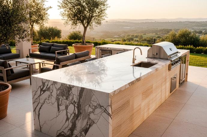 quartz polished outdoor kitchen slab