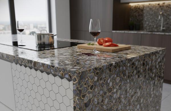 Low-porosity gemstone slab, resisting stains from a wine spill.