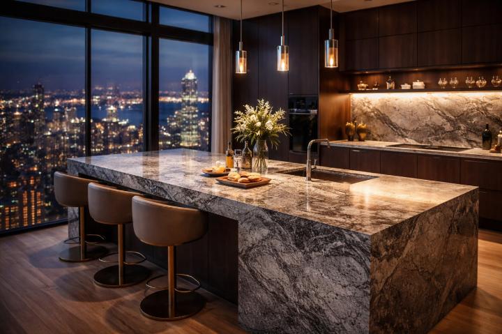 Granite waterfall island with dramatic veining in luxury kitchen overlooking city