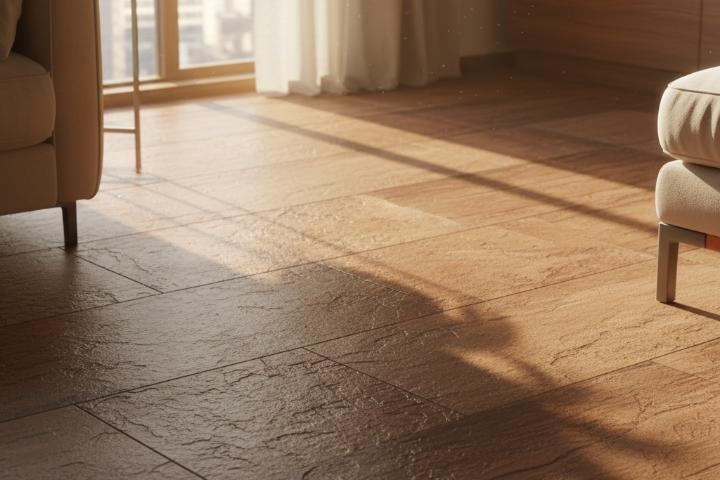 Textured brown porcelain tile floor reflecting sunlight