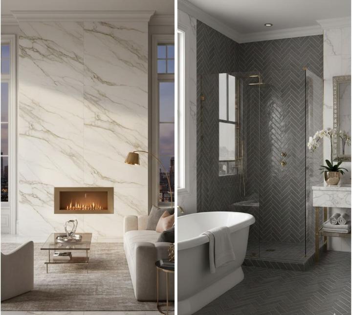 Porcelain slab wall panels used in a living room, contrasted with porcelain tile in bathroom.