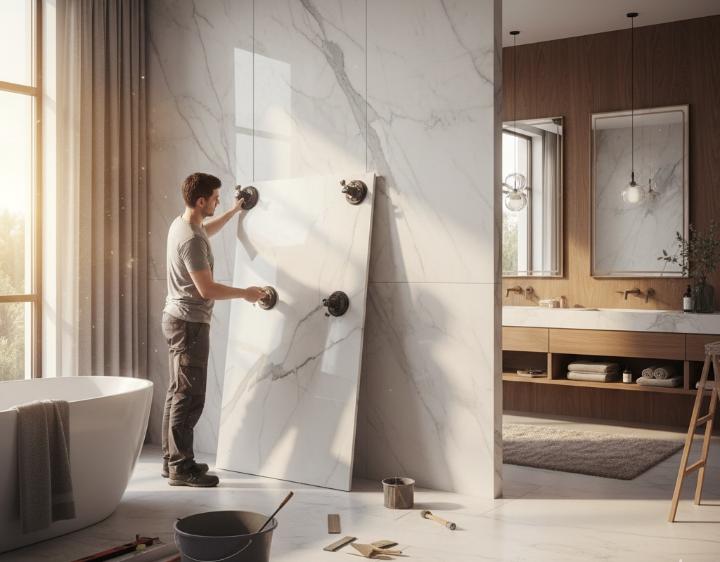 Professional installer setting semi large-format marble slabs in bathroom