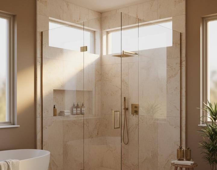 Floor-to-ceiling travertine shower surround in modern spa bathroom