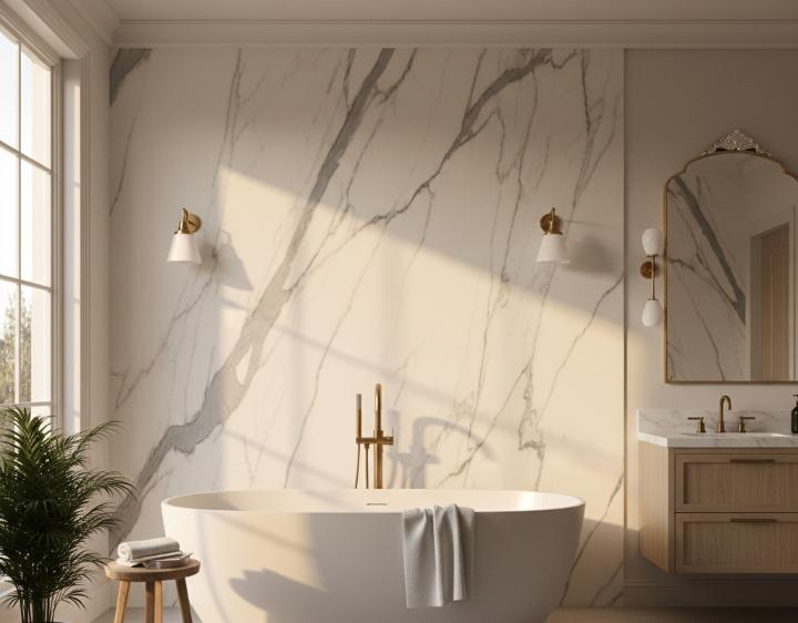 Calacatta marble feature wall behind freestanding bathtub
