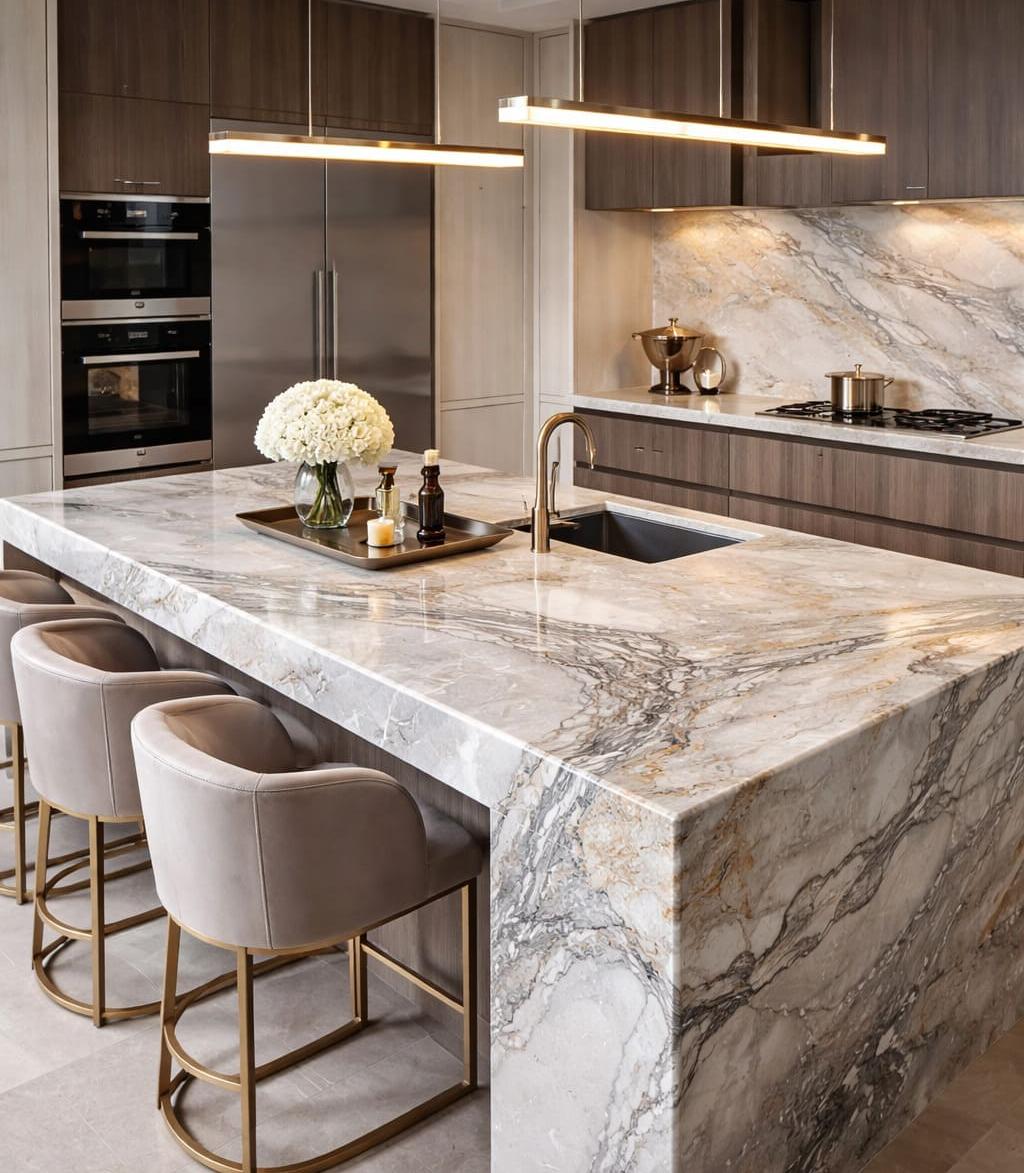 Luxury kitchen with white quartzite waterfall island countertop