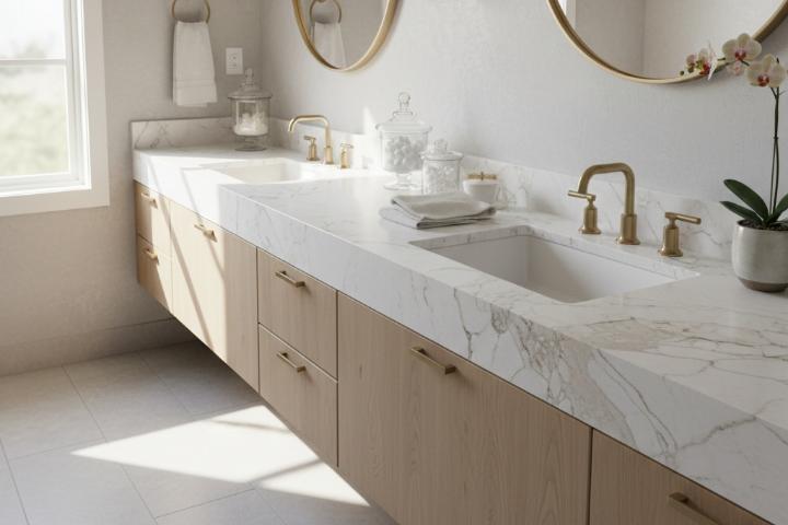 Bathroom vanity featuring a white marble countertop