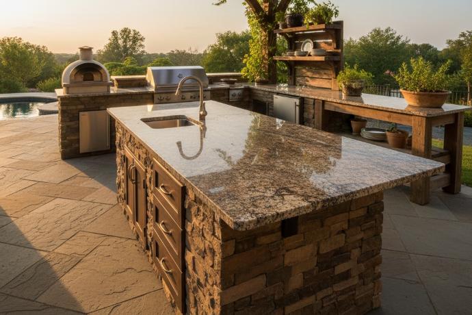 Outdoor kitchen featuring granite countertop with enduring weather resistance.