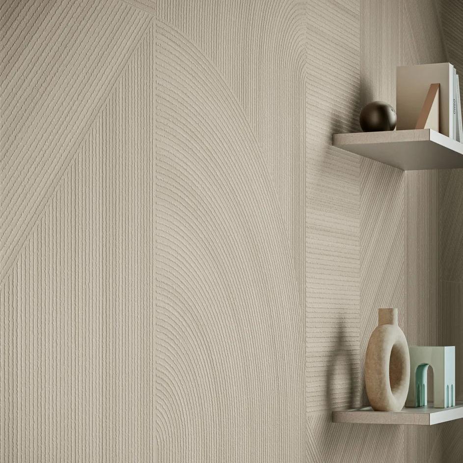 Textured wall installation displaying Bercy porcelain slabs with distinctive linear grain pattern detail.