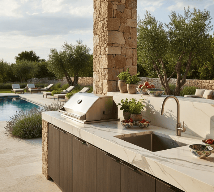 White marble outdoor kitchen