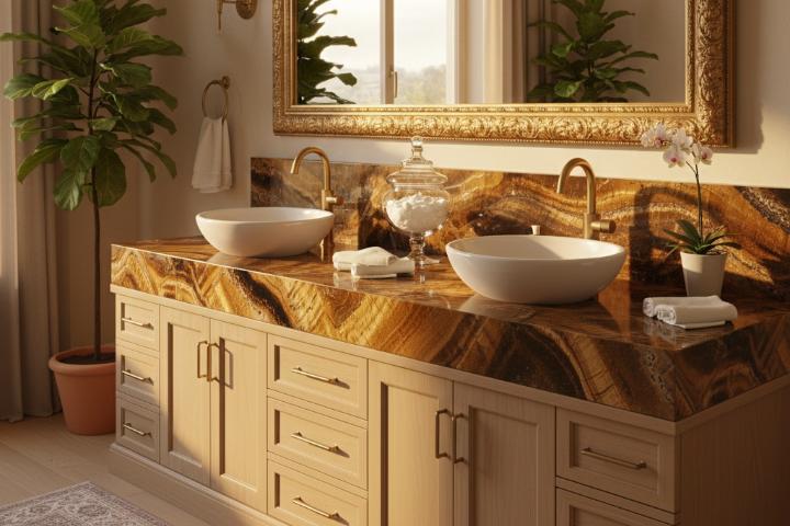 Bathroom vanity featuring semi-precious tiger eye stone countertop.