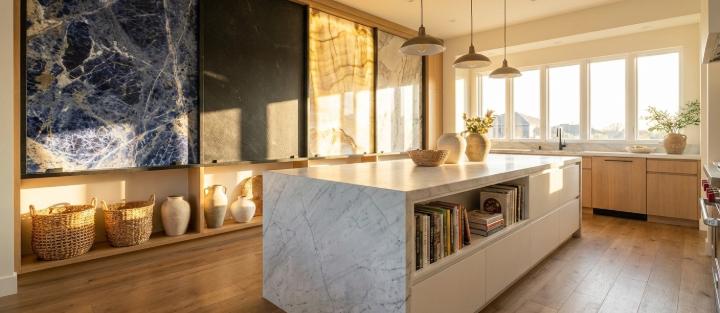 Sunlit kitchen with a white marble island in the center