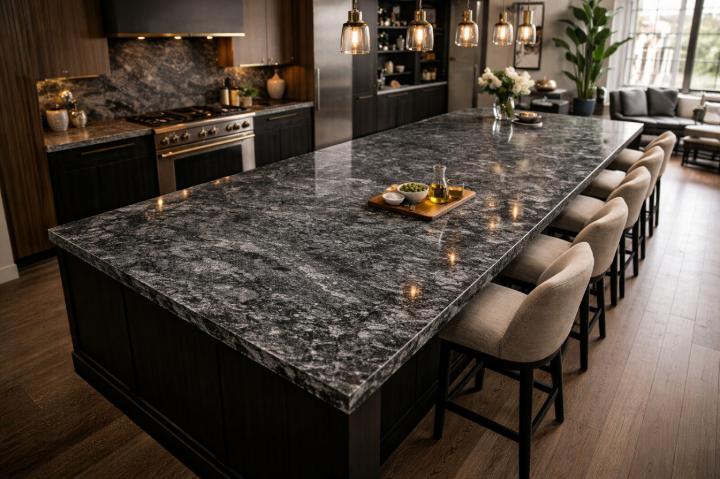 Dark granite kitchen island countertop with dramatic veining in modern kitchen