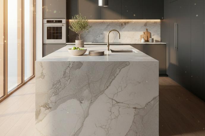 White quartzite waterfall island countertop with gray veining in modern kitchen