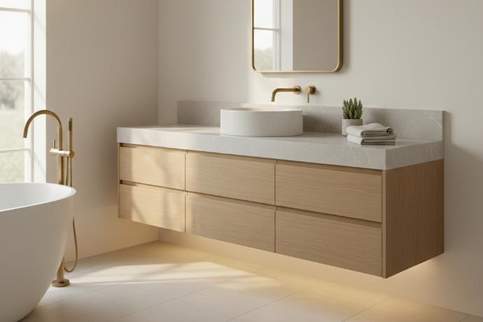 White quartz bathroom vanity countertop with vessel sink and light wood cabinetry