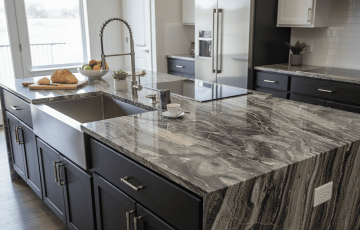 Gray marble waterfall edge countertop on kitchen island with dark cabinetry