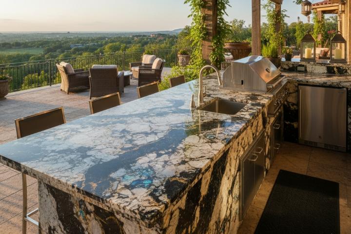 Exotic granite outdoor kitchen countertop with dramatic blue veining and chiseled edge