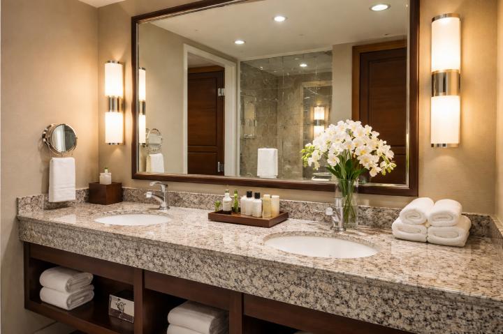 Beige speckled granite double vanity countertop in luxury bathroom with dark wood