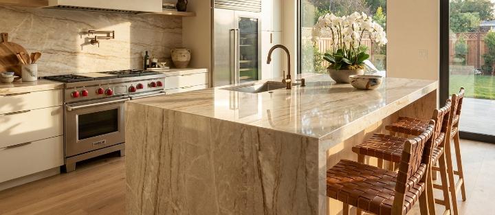 Beige porcelain countertop slab in kitchen