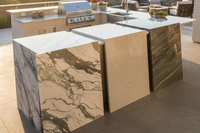 Quartzite slab samples showing polished, honed and leathered finish.