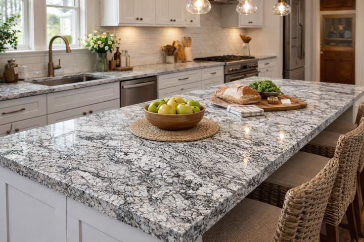 White granite kitchen countertop slab