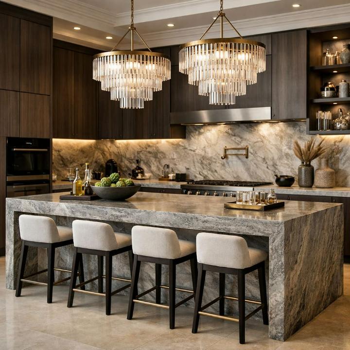 Natural stone countertop and matching backsplash in a luxury kitchen with gold chandelier pendants