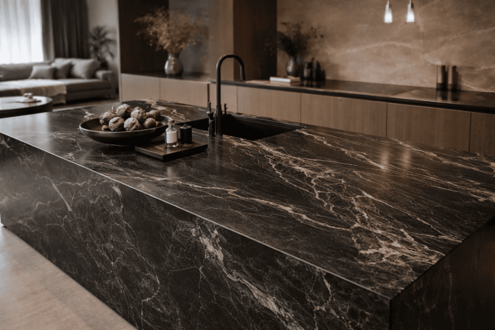 Dark natural stone countertop with gold veining on a kitchen island with an undermount sink