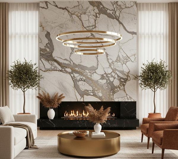Living room with a massive natural stone accent wall slab