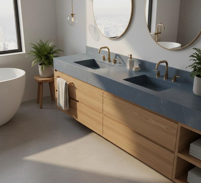 Honed blue quartz countertop on bathroom vanity