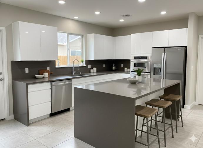 Kitchen with brown quartz countertop slab