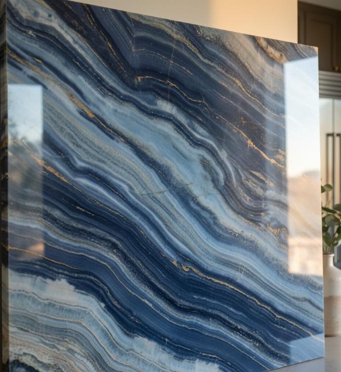 Close-up of blue quartzite slab showing natural veining and polished finish