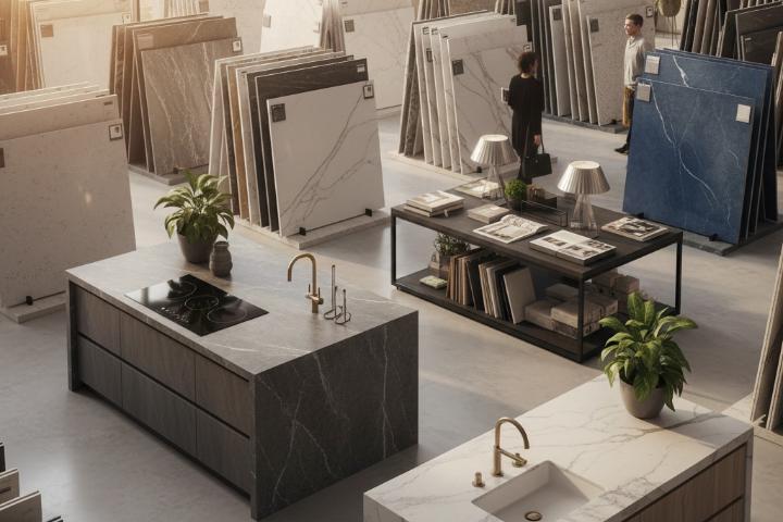 Engineered stone slab showroom