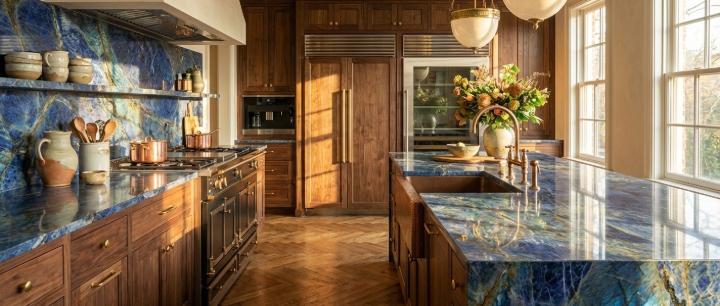 Kitchen with blue natural stone countertop.