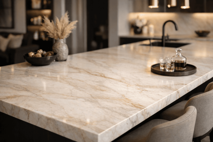 Cream natural stone countertop with golden veining in a modern kitchen