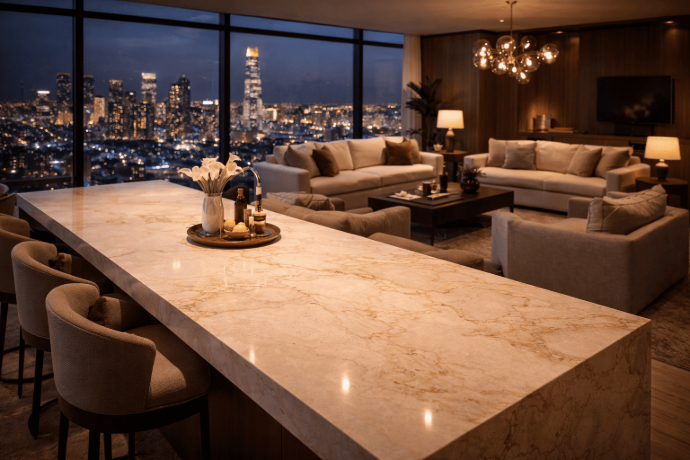 Cream natural stone countertop with warm gold veining in a luxury high-rise living space