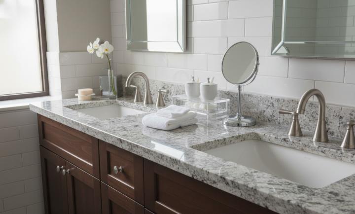 White and gray granite countertop with dual undermount sinks on a dark wood bathroom vanity
