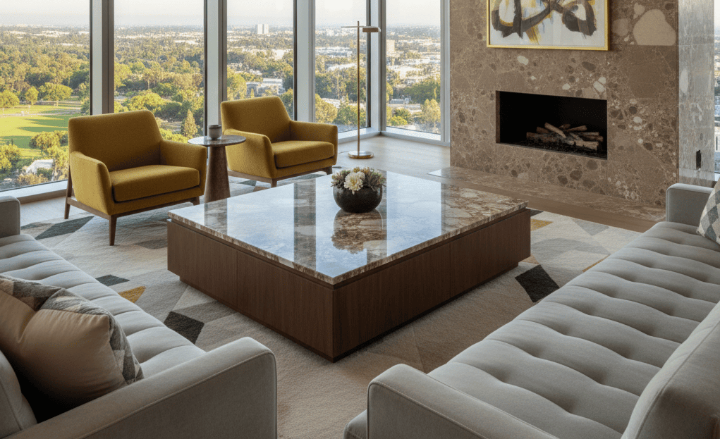 Natural stone coffee table and fireplace surround in a modern luxury living room